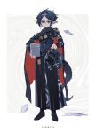  1boy 1other absurdres arknights black_cape black_hakama black_shirt blue_eyes blue_hair cape chinese_commentary closed_mouth commentary doctor_(arknights) full_body grey_background hair_between_eyes hakama highres holding holding_mini_person holding_paper japanese_clothes looking_at_viewer male_focus mian_zhi_bao mini_person paper paper_stack pointy_ears shirt short_hair standing v-shaped_eyebrows zuo_le_(arknights) 
