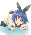  :&lt; animal_ears blue_eyes blue_hair bunny bunny_boy bunny_ears bunny_tail cardfight!!_vanguard detached_collar full_body male_focus open_mouth otoko_no_ko sendou_aichi solo tail thighhighs yuratoko 