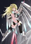  blonde_hair blue_eyes breasts dangan_neko long_hair mecha_musume medium_breasts navel original polearm revealing_clothes solo spear weapon wings 