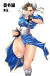  boots bracelet breasts brown_eyes brown_hair bun_cover china_dress chinese_clothes chun-li double_bun dress earrings jewelry judge_martin large_breasts legs no_legwear pelvic_curtain sash short_hair solo spiked_bracelet spikes standing street_fighter thighs 