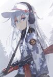  1girl ak-74 assault_rifle camouflage camouflage_jacket commentary_request earmuffs flat_cap gun gun_sling hair_between_eyes hammer_and_sickle hat hibiki_(kancolle) highres jacket kalashnikov_rifle kantai_collection koshka_pic long_hair long_sleeves looking_at_viewer official_alternate_costume outdoors patch rifle shoulder_patch solo star_(symbol) twitter_username upper_body verniy_(kancolle) verniy_(saury_festival)_(kancolle) weapon white_hair white_hat 