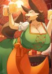 absurd_res alcohol anthro beer beer_glass beverage big_breasts blush breasts brown_body brown_fur canid canine canis clothed clothed_anthro clothed_female clothing colored dirndl eyes_closed female fingers fur furgonomics furniture green_clothing happy hi_res huge_breasts humanoid_hands inside low-angle_view mammal open_mouth shaded signature solo sorakamis standing table tail tan_body tan_fur wolf