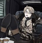  1boy ahoge america_(hetalia) antique_phone axis_powers_hetalia belt black-framed_eyewear black_belt black_gloves black_necktie black_shoes blonde_hair blue_eyes brown_jacket brown_pants bullet chair collared_shirt cup fur-trimmed_jacket fur_trim glasses gloves hand_up highres holding holding_phone jacket kiguchi05 lapels long_sleeves looking_afar male_focus military military_jacket military_uniform necktie on_chair open_clothes open_jacket open_mouth pants paper phone puffy_long_sleeves puffy_sleeves rotary_phone semi-rimless_eyewear shirt shoes short_hair sitting solo star_(symbol) star_print table talking_on_phone teeth white_shirt window_blinds 