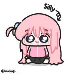  1girl arrow_(symbol) black_skirt blue_eyes bocchi_the_rock! chibi chibi_only closed_mouth commentary drooling english_commentary full_body gotoh_hitori highres jacket long_hair looking_at_viewer lulalang one_side_up pink_hair pink_jacket saliva simple_background sitting skirt smile solo white_background 