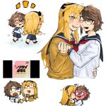  2girls black_hairband blonde_hair blush brown_hair commentary glasses gmeg011 hairband heart highres holding_hands karaoke kiss koishikawa_iko long_hair long_sleeves lower_teeth_only momijiyama_teru multiple_girls neckerchief notice_lines one_eye_closed red_neckerchief sailor_collar school_uniform shirt short_hair shy_(series) simple_background skirt smile symbol-only_commentary teeth translation_request white_background yuri 