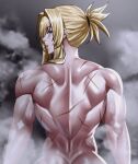  1girl ass back blonde_hair blue_eyes commentary english_commentary goddess_of_victory:_nikke grave_(nikke) hair_between_eyes hair_over_one_eye long_hair looking_at_viewer looking_back multiple_scars muscular muscular_female nude scar scars_all_over sidelocks steam zinfian 