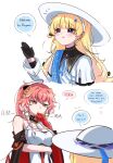  ... 2girls absurdres bare_shoulders black_collar black_gloves blonde_hair blue_eyes blue_gemstone blue_sash body_markings braid breasts changli_(wuthering_waves) cleavage closed_mouth collar colored_extremities commentary english_text gem gloves hair_extensions hair_ornament hairband hat highres large_breasts long_hair long_sleeves looking_at_another multiple_girls phoebe_(wuthering_waves) pink_hair ponytail red_hands ring_hair_extensions sash shirt simple_background smile spoken_ellipsis white_background white_hairband white_hat white_shirt wuthering_waves x_hair_ornament yellow_eyes zevi_(zevi_ii) 