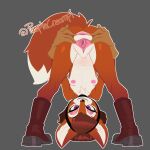1:1 anthro anus ass_up bent_over boots breasts butt canid canine clothing digital_media_(artwork) downward_dog downward_dog_pose female footwear fox fur genitals hair headgear headwear hi_res kerotheklutz looking_at_viewer mammal mouritzeen_(lenyavok) nipples nude orange_body orange_fur presenting shoes simple_background smile solo spread_butt spreading tail teeth text vulva watermark white_body white_fur