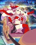  1girl antenna_hair belt bikini black_belt blue_eyes border breasts building cape capelet christmas city city_lights cityscape cleavage closed_mouth collarbone crop_top crop_top_overhang crossed_legs drill_hair drill_sidelocks flying fur-trimmed_cape fur-trimmed_capelet fur-trimmed_gloves fur-trimmed_headwear fur-trimmed_shirt fur-trimmed_skirt fur-trimmed_thighhighs fur_trim gloves hat holding holding_sack holding_whip horizon huge_breasts kochou_(senran_kagura) light_particles linea_alba long_hair merry_christmas mountain mountainous_horizon navel night night_sky ocean official_alternate_costume official_art pink_ribbon pointing red_capelet red_gloves red_hat red_shirt red_skirt red_thighhighs revealing_clothes ribbon sack santa_bikini santa_costume santa_hat senran_kagura senran_kagura_new_wave shirt sidelocks sitting skirt sky skyline skyscraper sleigh smile solo sparkle swimsuit thighhighs underboob v-shaped_eyebrows very_long_hair water whip 