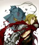  2boys ahoge alphonse_elric armor belt blonde_hair braid brothers brown_belt brown_eyes chlorine17x clenched_hand closed_mouth coat edward_elric full_armor fullmetal_alchemist gloves gradient_background hashtag-only_commentary helm helmet highres horns long_hair mechanical_arms multiple_boys parted_bangs plate_armor plume red_coat shoulder_spikes siblings simple_background single_braid single_horn single_mechanical_arm spikes torn_clothes twitter_username upper_body white_gloves 