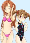  asuna_(sao) bikini black_swimsuit brown_eyes brown_hair competition_swimsuit long_hair multiple_girls one-piece_swimsuit one_eye_closed pink_bikini red_eyes short_hair short_twintails silica star star_print swimsuit sword_art_online tsukasa_0913 twintails 