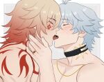  2boys absurdres antenna_hair arm_tattoo black_choker blazingstrife blonde_hair braid choker closed_eyes commentary facial_tattoo gradient_hair highres honkai:_star_rail honkai_(series) kiss male_focus medium_hair multicolored_hair multiple_boys mydei_(honkai:_star_rail) neck_tattoo parted_bangs phainon_(honkai:_star_rail) red_hair red_tattoo short_hair side_braid sun_symbol sun_tattoo tattoo white_hair yaoi 