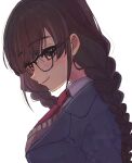  1girl aged_up black-framed_eyewear black_jacket blush braid breasts brown_eyes brown_hair commentary_request glasses highres iin_chiyo iin_chiyo_(hyakkano_party) jacket kimi_no_koto_ga_dai_dai_dai_dai_daisuki_na_100-nin_no_kanojo large_breasts long_hair looking_at_viewer necktie ohananomitsu_high_school_uniform oknomyk red_necktie school_uniform smile solo twin_braids upper_body watermark white_background 