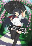  1girl :d arch black_garter_straps black_hair black_skirt black_thighhighs black_umbrella blue_eyes blunt_bangs blunt_sidelocks blush breasts center_frills flower frilled_shirt frilled_skirt frilled_umbrella frills garter_straps gothic_lolita grass hime_cut holding holding_umbrella ikaruga_(senran_kagura) large_breasts lolita_fashion long_hair long_sleeves looking_at_viewer midriff_peek necktie official_art open_mouth pink_flower pink_rose plant pointing pointing_at_viewer red_necktie rose senran_kagura senran_kagura_new_wave senran_kagura_shoujo-tachi_no_shin'ei shirt sidelocks sidewalk skirt smile solo thighhighs two-tone_skirt umbrella very_long_hair white_shirt white_skirt 