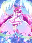  angel_wings antenna_hair bike_shorts blue_background boots bow choker cure_happy earrings full_body highres hoshizora_miyuki jewelry knee_boots long_hair magical_girl one_eye_closed pink_bow pink_choker pink_eyes pink_hair pink_shorts pink_skirt pointing precure princess_form_(smile_precure!) shorts shorts_under_skirt skirt smile smile_precure! solo sushineta tiara twintails wings 