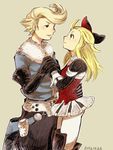  1girl blonde_hair bravely_default:_flying_fairy bravely_default_(series) couple edea_lee elbow_gloves eye_contact gloves hair_ribbon hand_on_hip hetero holding_hands long_hair looking_at_another pantyhose pochiyama profile ribbon ringabel short_hair standing white_legwear 