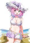  0344 1girl bikini bow bracelet breasts cleavage colored_tips green_eyes hat heterochromia highres himemori_luna himemori_luna_(summer) hololive jewelry miniskirt multicolored_hair o-ring o-ring_bikini open_mouth pink_hair polka_dot polka_dot_skirt purple_eyes purple_hair purple_nails skirt smile solo sun_hat swimsuit virtual_youtuber white_bikini white_bow white_hat white_skirt 