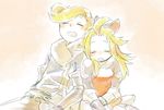  1girl blonde_hair bravely_default:_flying_fairy bravely_default_(series) closed_eyes drooling edea_lee hair_ribbon leaning leaning_on_person long_hair open_mouth pochiyama ribbon ringabel short_hair sleeping 