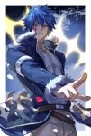  1boy artist_name blue_coat blue_hair coat commentary cowboy_shot dated facial_tattoo fairy_tail finger_gun fur-trimmed_coat fur_trim hair_between_eyes highres jellal_fernandes looking_at_viewer male_focus open_clothes open_coat parted_lips short_hair solo spiked_hair tattoo xuchuan yellow_eyes 