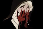  1girl black_background black_gloves black_hood blood blood_on_face blood_on_hands covering_own_mouth elden_ring elden_ring_nightreign gloves jewelry looking_at_viewer necklace nun orange_eyes portrait shirohakune signature solo undertaker_(elden_ring) white_coif 