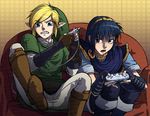  blonde_hair blue_eyes blue_hair clenched_teeth controller couch fire_emblem game_controller gloves hairband hat link louten marth multiple_boys open_mouth playing_games pointy_ears sitting super_smash_bros. teeth the_legend_of_zelda watermark 