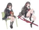  1girl arm_cutout black_choker black_hair black_jacket black_serafuku black_shoes black_socks breasts chisa_(wuthering_waves) choker closed_mouth clothing_cutout collarbone commentary_request hair_ribbon highres holding holding_sword holding_weapon jacket ki_min-woo korean_commentary loafers long_hair long_sleeves looking_at_viewer medium_breasts mole mole_under_eye multiple_views namipon_(wuthering_waves) neckerchief parted_lips red_eyes red_neckerchief red_ribbon ribbon sailor_collar school_uniform serafuku shoes sitting smile socks sword thigh_strap thighs weapon white_sailor_collar wuthering_waves 