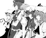  apron ascot beret braid brooch crescent crossed_arms flandre_scarlet greyscale group_picture group_profile hair_ribbon hat hong_meiling izayoi_sakuya jewelry lineup long_hair maid maid_headdress monochrome multiple_girls parted_lips patchouli_knowledge profile ram_hachimin remilia_scarlet ribbon serious short_hair side_ponytail simple_background skirt skirt_set star touhou twin_braids waist_apron white_background wings 