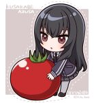  1girl black_hair black_jacket black_necktie black_shoes black_skirt black_sweater_vest blush border buttons character_name chibi chibi_only collared_shirt commentary_request food full_body grey_background grey_pantyhose highres holding holding_food holding_vegetable ichihara_naga jacket kusakabe_azusa long_hair necktie nijisanji outline pantyhose parted_lips pleated_skirt red_eyes school_uniform shirt shoes skirt solo standing sweater_vest tomato twitter_username vegetable virtual_talent_academy virtual_talent_academy_school_uniform virtual_youtuber white_border white_outline white_shirt 