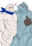  2boys abs absurdres arknights bara blue_scarf blush brown_gloves chinese_commentary cloaca closed_mouth commentary_request completely_nude furry furry_male gloves heart highres huwenlang lizard_tail looking_at_viewer male_focus multiple_boys muscular muscular_male nipples nude pectorals rangers_(arknights) reptile_boy scarf skybox_(arknights) smile tail thumbs_up white_background yaoi 