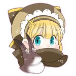  1girl arch_bishop_(ragnarok_online) blonde_hair blue_eyes blunt_bangs blush brown_hat brown_scarf commentary_request covered_mouth hat looking_at_viewer oekakipikki portrait rabbit ragnarok_online scarf simple_background solo white_background 