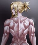  1girl ass back blonde_hair blue_eyes commentary english_commentary goddess_of_victory:_nikke grave_(nikke) hair_between_eyes hair_over_one_eye long_hair looking_at_viewer looking_back multiple_scars muscular muscular_female nude scar scars_all_over sidelocks zinfian 