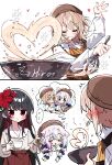 3girls =_= absurdres animal_ears black_hair bowl braid brown_hair brown_hat cat_ears cat_girl closed_eyes colored_inner_hair commentary_request flower glint hair_flower hair_ornament hasumi_leia hat heart highres jogasaki_noah kemonomimi_mode long_hair mahou_shoujo_no_majo_saiban multicolored_hair multiple_girls nikaido_hiro open_mouth red_flower red_hair red_skirt shirt short_hair skirt star-shaped_pupils star_(symbol) symbol-shaped_pupils twin_braids whisk white_shirt zhanzhangzlw 