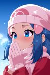  1girl absurdres artist_name blue_eyes blue_hair blush breath cold dawn_(pokemon) dress english_commentary eyelashes gloves hair_ornament hairclip hat highres long_hair long_sleeves pink_gloves pink_scarf pokemon pokemon_dppt pokemon_platinum red_dress scarf signature solo su1zide upper_body 