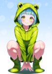  1girl animal_hood aqua_hair aqua_nails blunt_bangs blush boots commentary_request eyelashes fingernails frog_hood frog_pose full_body green_boots green_raincoat hands_on_ground highres hood hood_up long_sleeves mattyakinako_(odango_imomushi) nail_polish original raincoat short_hair smile solo yellow_eyes 