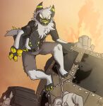  2019 anthro biped black_body black_clothing black_fur black_jacket black_topwear bottomwear brown_bottomwear brown_clothing brown_shorts canid canine canis car claws clothed clothing digitigrade ear_markings fuf fur grin head_tuft hi_res jacket mad_max male mammal markings multicolored_body neck_tuft outside pawpads shorts smile solo spiked_tail spikes spikes_(anatomy) tail teeth toe_claws topwear tuft two_tone_body vehicle white_body white_fur wolf yellow_eyes yellow_markings yellow_nose yellow_pawpads 