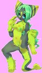 anthro anus blue_eyes blush breasts digitigrade female fur green_fur green_hair green_nipples hair hindpaw looking_at_viewer nipples nude paws pinup plain_background pose powder57 powderkona presenting pussy solo spread_legs spreading standing toes unknown_species 