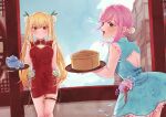  2girls :d alternate_costume back_cutout bare_arms bare_legs bare_shoulders blonde_hair blue_dress blue_sky blush breasts brown_eyes bun_cover china_dress chinese_clothes cleavage_cutout clothing_cutout cloud commentary_request cup double_bun dress flower frilled_dress frilled_thigh_strap frills frown green_eyes green_ribbon hair_between_eyes hair_bun hair_flower hair_ornament hair_ribbon hanazono_hakari highres holding holding_tray inda_karane indoors kimi_no_koto_ga_dai_dai_dai_dai_daisuki_na_100-nin_no_kanojo large_breasts long_hair multiple_girls oknomyk open_mouth pink_hair red_dress ribbon sky sleeveless sleeveless_dress small_breasts smile tassel teapot thigh_strap tray twintails very_long_hair window 