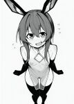  1girl alternate_costume amiya_(arknights) animal_ears arknights black_gloves black_thighhighs commentary_request covered_navel covered_nipples elbow_gloves gloves greyscale highres looking_at_viewer makigirisu monochrome pubic_hair rabbit_ears rabbit_girl see-through_clothes simple_background solo thighhighs white_background 