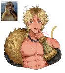  abs bead_necklace beads blonde_hair cross_scar da_jins_rins drooling facial_mark finger_to_mouth fur-trimmed_sleeves fur_trim hair_intakes highres jewelry large_pectorals medium_hair meme monkey_boy monkey_thinking_(meme) mouth_drool multicolored_eyes necklace nipples original parted_lips pectorals reference_inset scar scar_on_chest signature solo tan toned toned_male two-tone_eyes upper_body white_background 