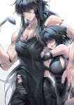  1boy 1girl alternate_breast_size_(larger) apron bare_shoulders black_apron black_dress black_hair black_pants blind blush breasts closed_mouth collarbone cowboy_shot dress drooling elbow_pads faceless faceless_female female_rover_(wuthering_waves) grey_eyes groin hair_between_eyes hair_ribbon hand_on_another's_chest heart height_difference hetero highres holding holding_ladle hug ladle large_breasts long_hair looking_at_another muscular muscular_male no_shirt notice_lines pants pectoral_grab qiuyuan_(wuthering_waves) revision ribbon rourou_(been) rover_(wuthering_waves) scar scars_all_over simple_background white_background wuthering_waves yellow_ribbon 