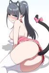  1girl amaya_tsubame anal_tail angry animal_ear_hairband animal_ears ass black_hair blue_eyes blush bow breasts breasts_out cat_ear_hairband cat_ears cat_tail censored clenched_teeth collarbone commentary_request dress embarrassed fake_animal_ears fake_tail gakuen_idolmaster hair_ribbon hairband highres idolmaster long_hair looking_at_viewer lying mole mole_under_eye mosaic_censoring nipples on_side pink_dress pussy ribbon sakamata_(sakamata4) sidelocks simple_background sitting small_breasts solo tail tail_bow tail_ornament teeth thighhighs thighs white_background white_thighhighs 