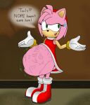 2023 abdominal_bulge accessory amy_rose anthro awkward_smile bodily_fluids boots brown_background canid canine clothed clothing dialogue dress duo english_text eulipotyphlan face_imprint female female_pred foot_imprint footwear fox fur gesture gloves green_eyes hand_imprint handwear headband hedgehog imprint male male_prey mammal miles_prower pink_body pink_fur red_boots red_clothing red_dress red_footwear red_headband rumbling_stomach sega shoes shrug simple_background sonic_the_hedgehog_(series) speech_bubble standing sweat sweatdrop text unwilling_prey vore white_clothing white_gloves white_handwear xcosmicfetishx