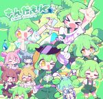  >_< >_o 5girls :d ;3 ;d absurdres animal_ears ankomon arm_up blush_stickers border character_name closed_eyes closed_mouth commentary double-parted_bangs edamame english_commentary gloves green_border green_hair green_shirt grid_background happy_birthday highres long_hair long_sleeves multiple_girls multiple_views nekomo_(yumenkmc) off-shoulder_shirt off_shoulder one_eye_closed open_mouth outside_border shirt short_sleeves smile utau voicevox white_gloves white_shirt xd yellow_background yellow_eyes zundamon zundamon_(utau) 