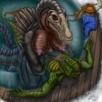 1:1 absurd_res alcohol_bottle anthro breasts breath clitoris clothing dinosaur dromaeosaurid duo female genitals grinding hi_res high-angle_view hot_tub intersex intersex/intersex jurassic_park jurassic_world larger_female logo_on_clothing lokidragon87 male male/female nipples non-mammal_breasts prehistoric_species reptile saurischian scalie scar sex_in_water size_difference smaller_male snow spinosaurid spinosaurus swimwear tail theropod tongue tongue_out universal_studios water