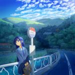  1girl :o bag blue_eyes blue_hair blue_sailor_collar blue_serafuku blue_shirt blue_skirt blue_sky building bus_stop cevio cloud cloudy_sky futaba_minato hair_ornament hairclip highres hill holding holding_bag house long_hair outdoors petrasche_(kunio_miracle) pleated_skirt power_lines railing road sailor_collar scenery school_bag school_uniform serafuku shirt skirt sky solo water 