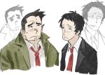  2boys ace_attorney adachi_tooru bandaid bandaid_on_cheek bandaid_on_face black_eyes black_hair black_jacket closed_mouth coat collared_shirt confused crossover dick_gumshoe disgust emoji facial_hair goatee_stubble godzillapigeon1 green_coat jacket long_sleeves looking_up male_focus multiple_boys necktie pencil_behind_ear persona persona_4 pleading_face_emoji red_necktie runny_nose shirt short_hair simple_background snot stubble suit tearing_up upper_body white_background white_shirt 