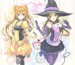  :d bare_shoulders blue_eyes brown_hair dress elbow_gloves gloves green_eyes halloween hands_together hat houjou_hibiki hummy_(suite_precure) leg_up long_hair minamino_kanade multiple_girls open_mouth orange_hair pantyhose precure purple_legwear smile striped striped_legwear suite_precure toromi_chuuka two_side_up witch_hat 