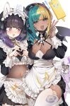 3girls :d apron aqua_hair black_dress black_hair black_mask blonde_hair blue_eyes blunt_bangs breasts canari_(pokemon) commentary_request dark-skinned_female dark_skin dress fang four-finger_heart_hands gwynn_(pokemon) heart heart-shaped_pupils heart_hands highres jacinthe_(pokemon) large_breasts looking_at_viewer maid_apron mask mouth_mask multicolored_hair multiple_girls navel paid_reward_available pokemon pokemon_legends:_z-a purple_eyes purple_hair rotom rotom_phone short_hair short_twintails shuri_(84k) skin_fang smile split-color_hair streaked_hair symbol-shaped_pupils thighhighs twintails very_dark_skin w white_background white_thighhighs 