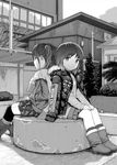  black_legwear boots building coat greyscale hands_in_pockets hands_on_lap looking_at_viewer monochrome multiple_girls original parka petite plaid plaid_skirt rake rustle scarf short_hair sitting skirt smile thighhighs twintails union_jack 
