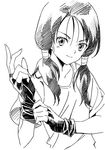  adjusting_clothes adjusting_gloves agahari dragon_ball dragon_ball_z fingerless_gloves gloves greyscale long_hair looking_at_viewer monochrome sketch smile solo twintails videl 